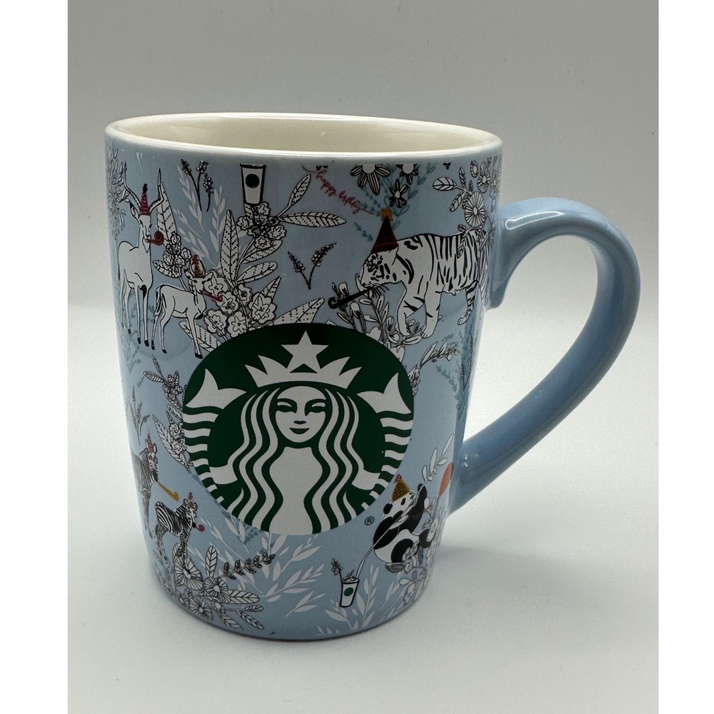 Starbucks 2020 Animal Parade Party Blue Ceramic Coffee Mug Tiger Panda Zebra